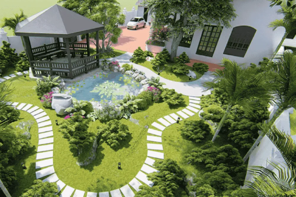 Hòn non bộ trong sân vườn biệt thự